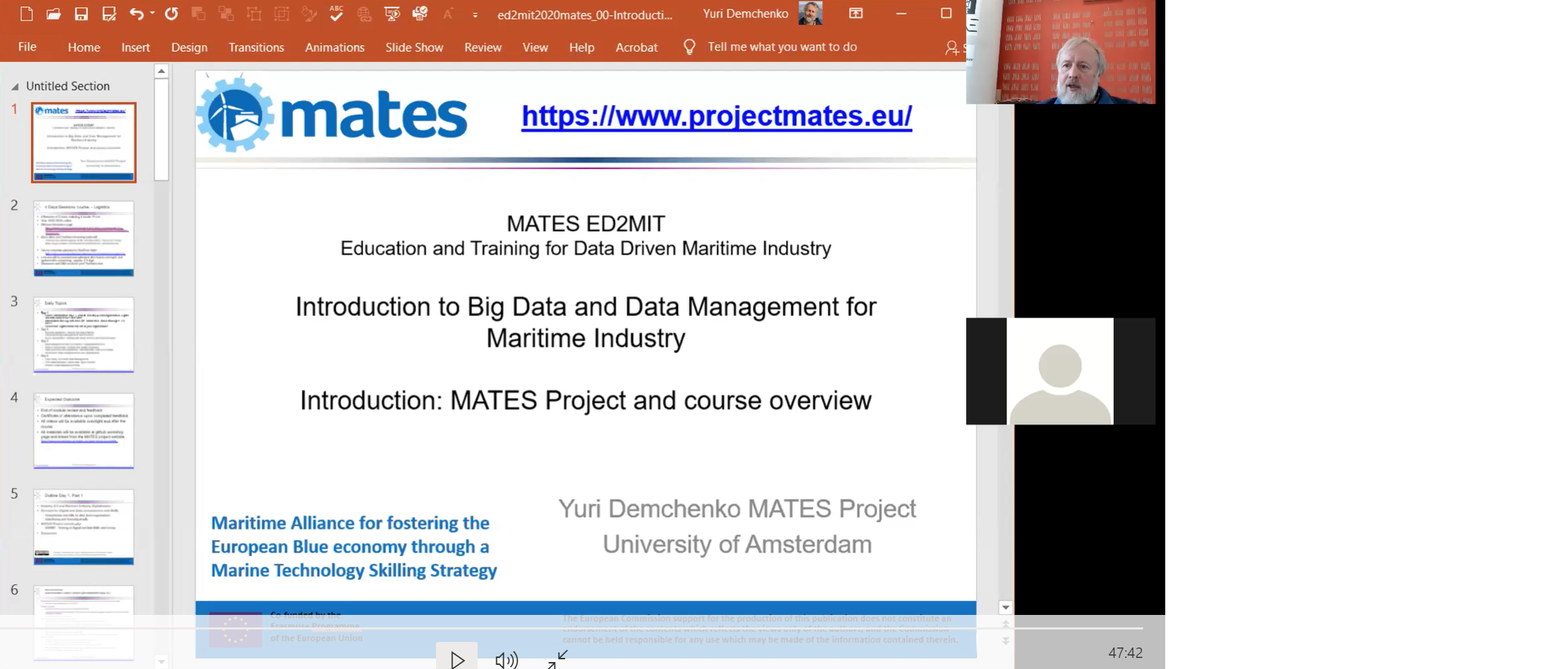 Yuri Demchenko delivering the MATES Big Data course online 12-15 October 2020